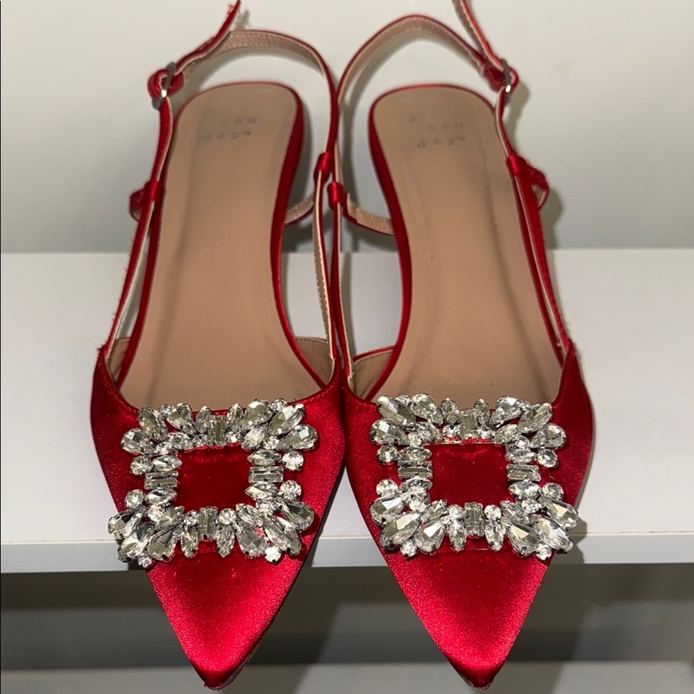 Red Satin Slingback Heels with Crystal Embellishments